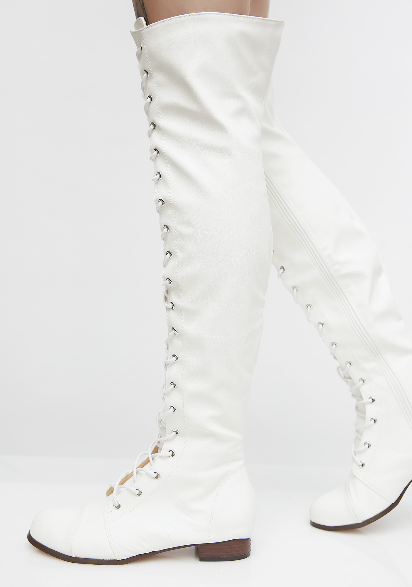 white lace up boots knee high