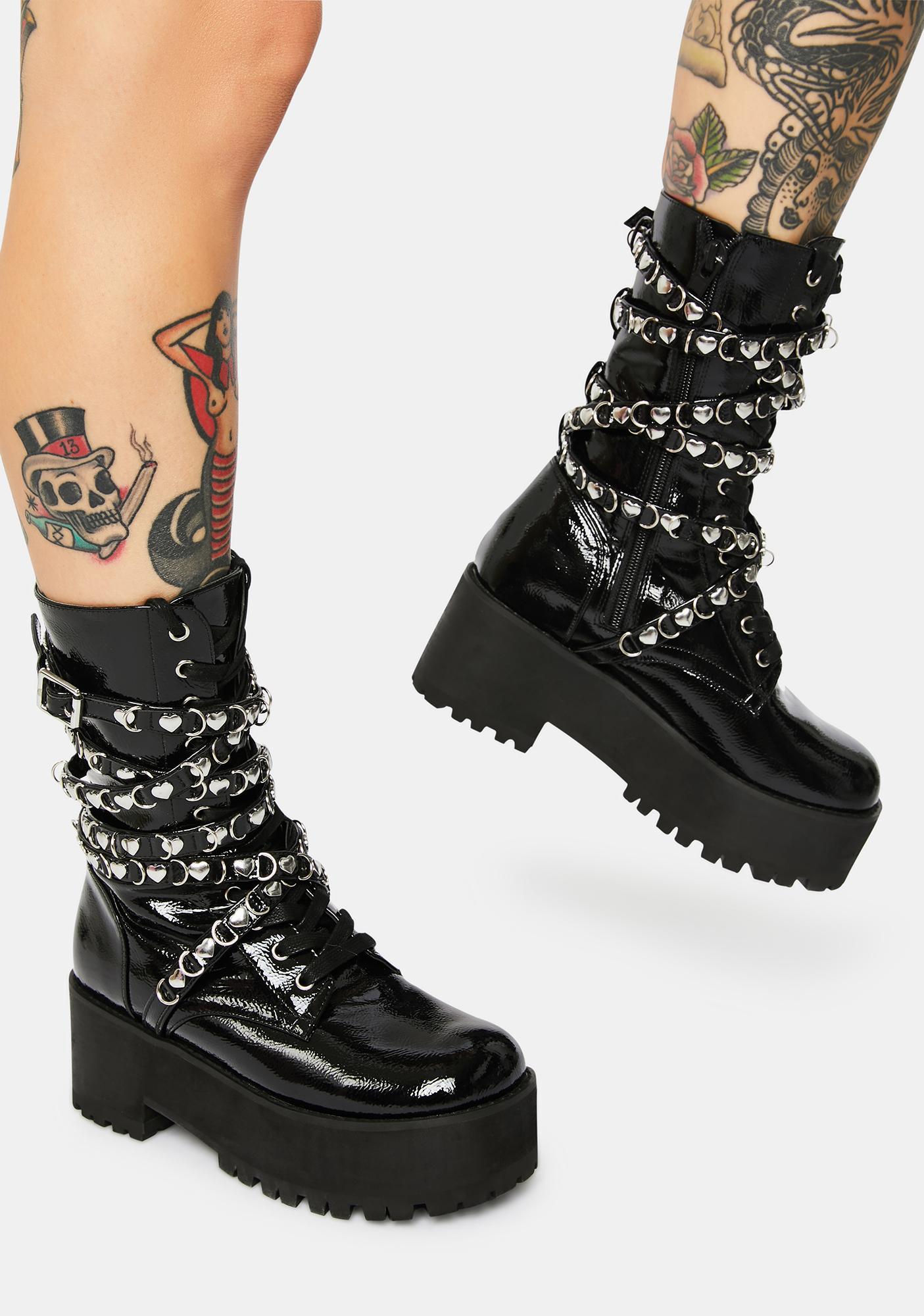 Sugar Thrillz Patent Strapped Combat Boots With Heart Studs | Dolls Kill