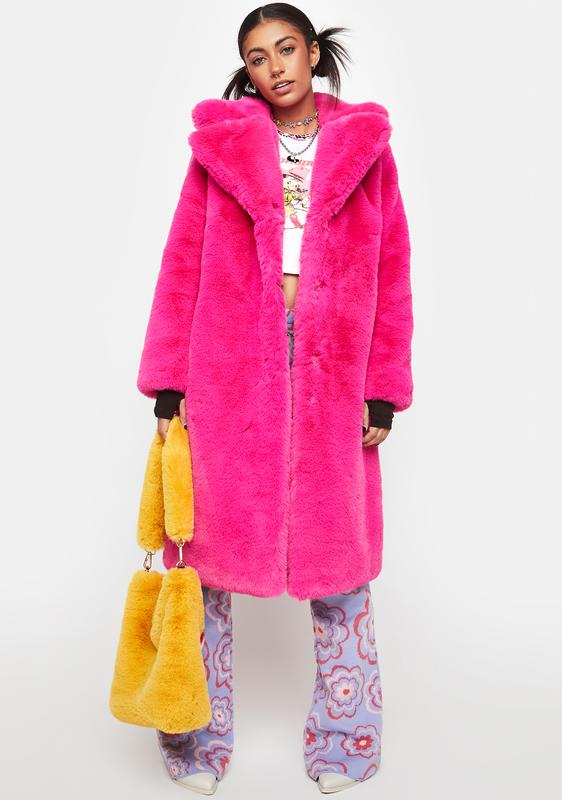 long pink faux fur coat