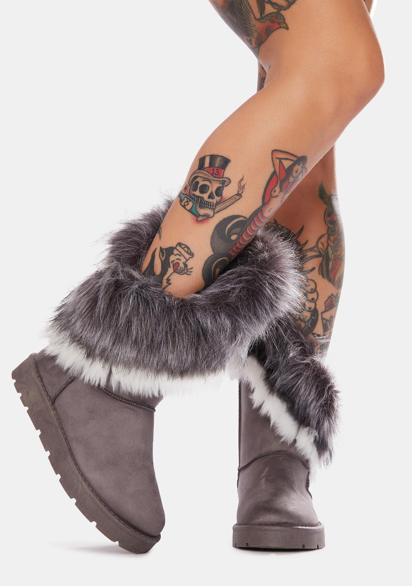 Faux Fur Trim Suede Slip On Boots Gray Dolls Kill