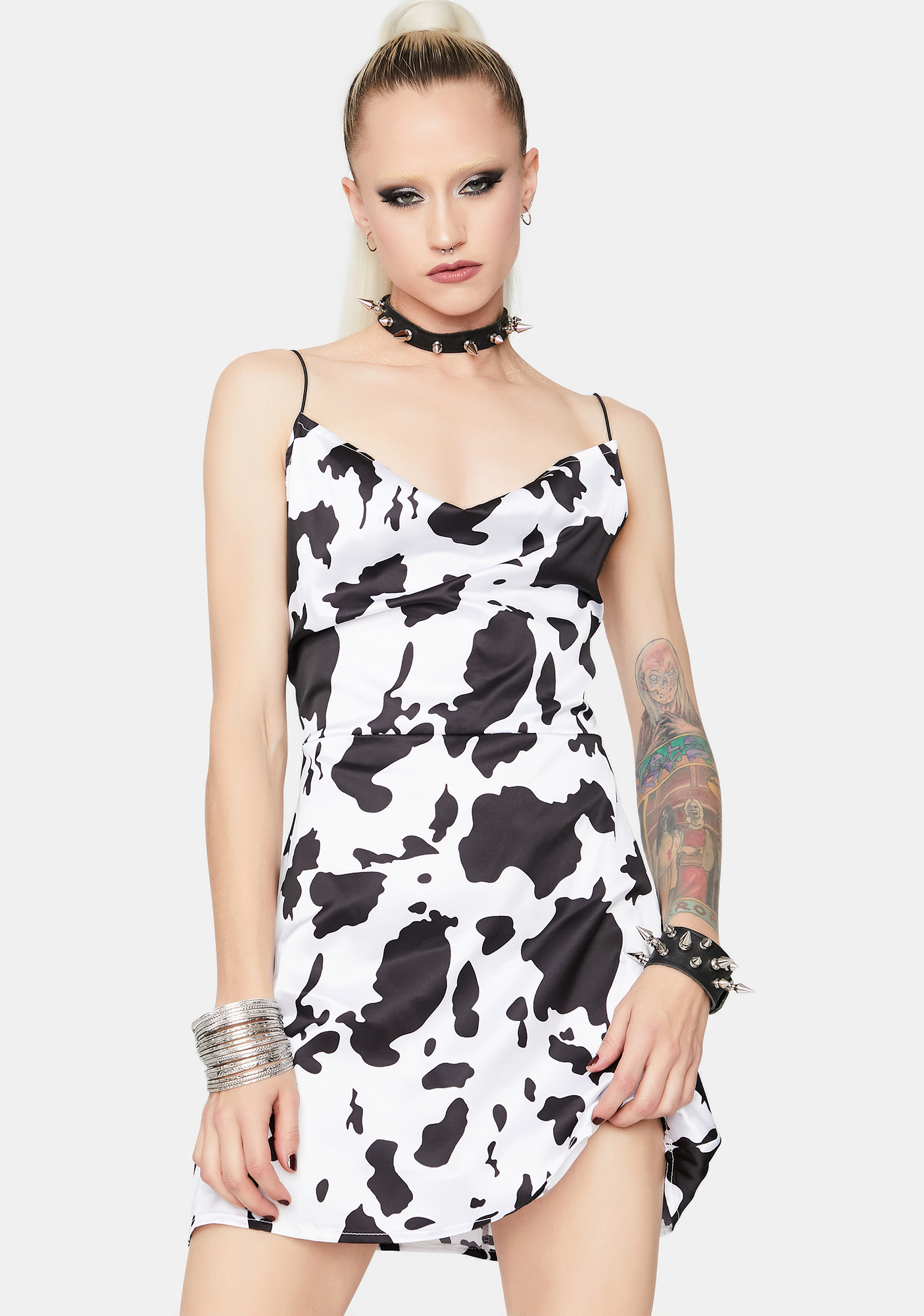 Cow Print Slip Satin Mini Dress - White | Dolls Kill