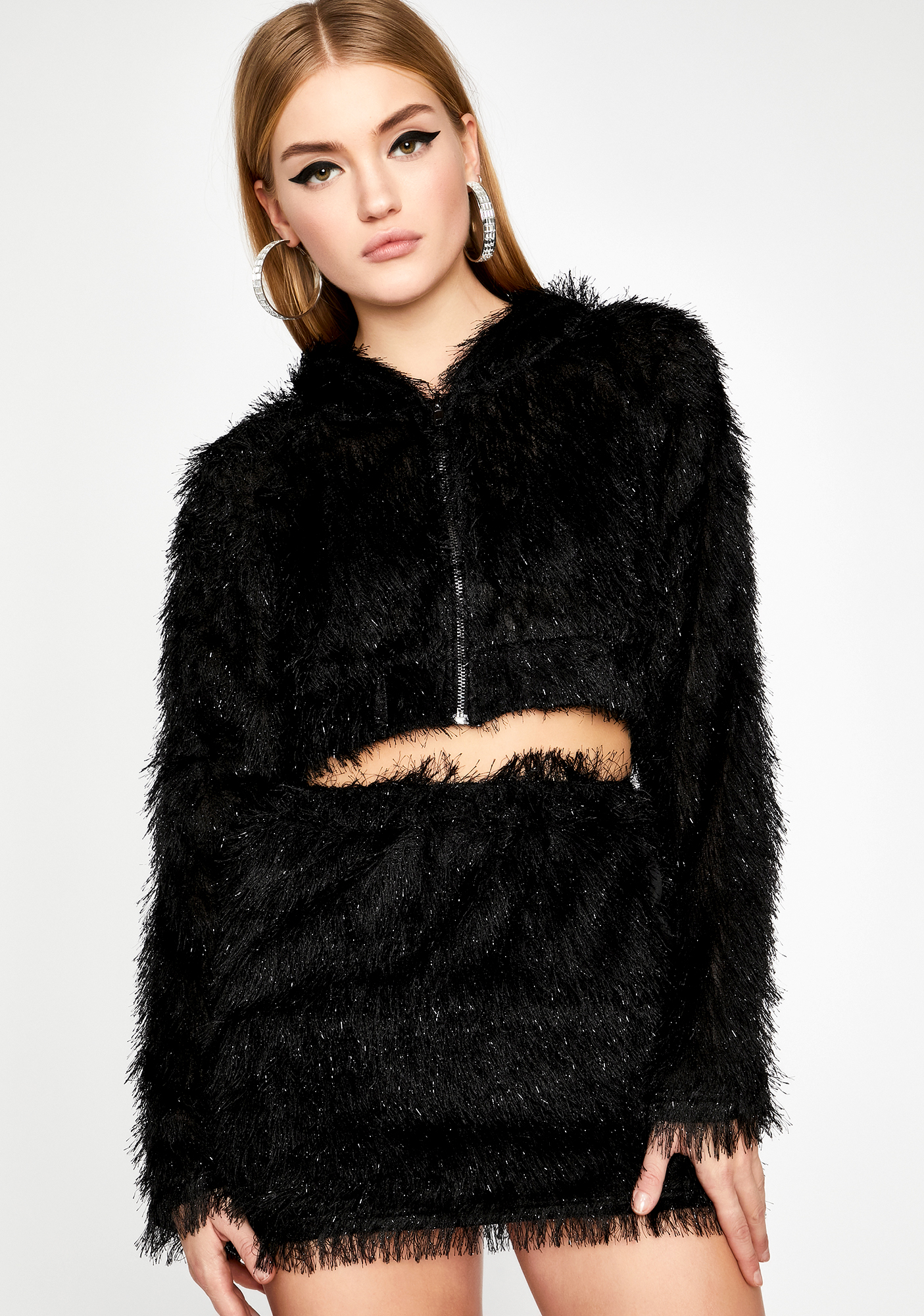 Fuzzy Skirt Set Crop Mini Front Zip Black | Dolls Kill