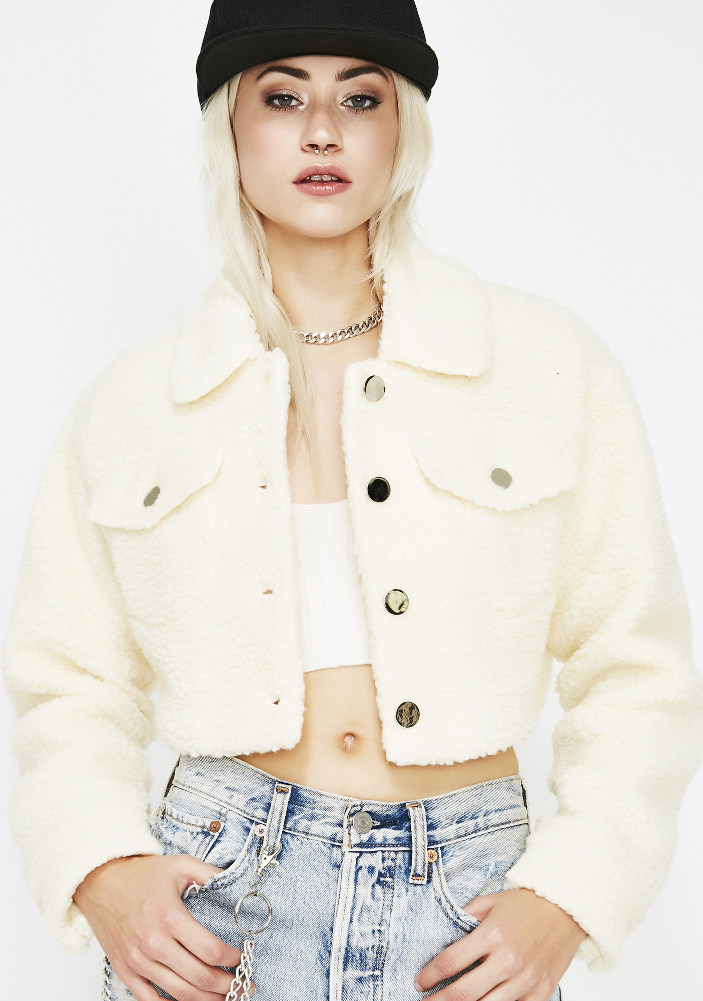fuzzy love button crop jacket