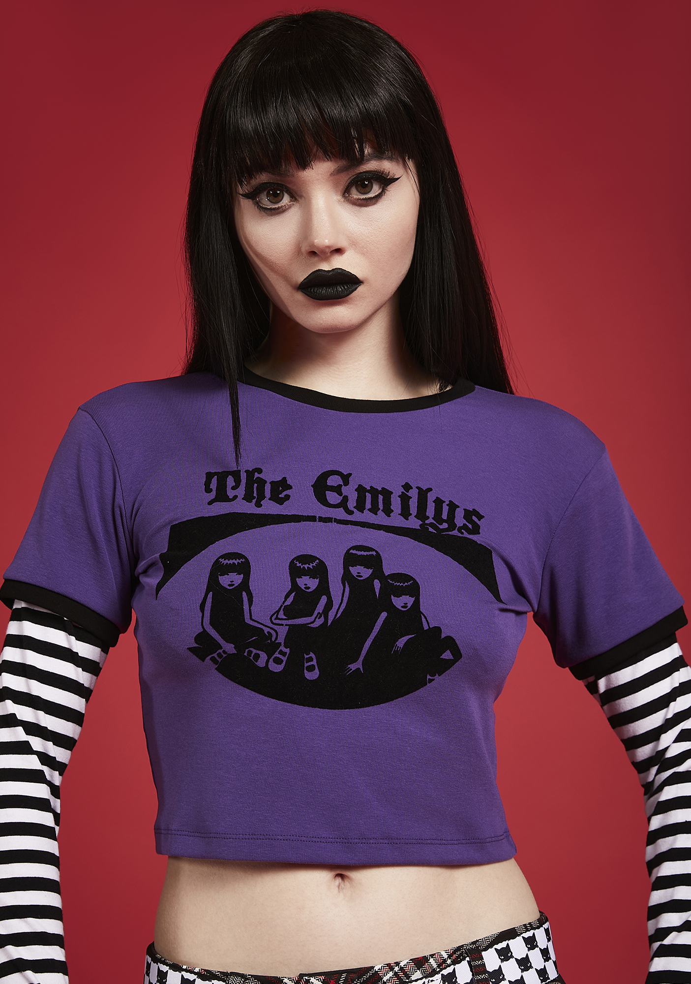 Dolls Kill X Emily The Strange Graphic Striped Layered Crop Tee Purple Dolls Kill 6810