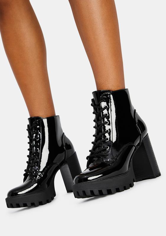 patent lace up heeled boots