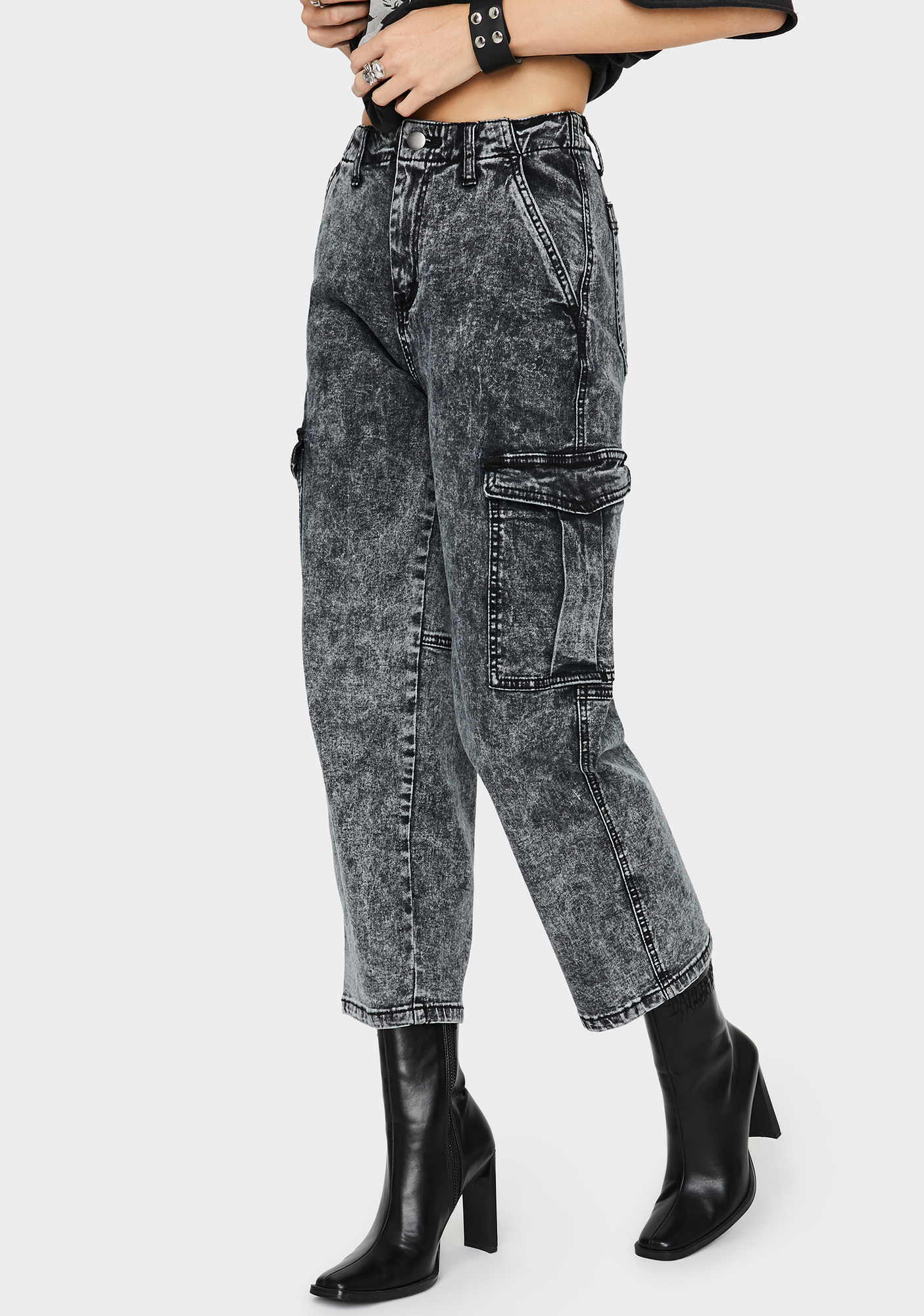 Cropped Cargo Jeans - Vintage Wash Black | Dolls Kill