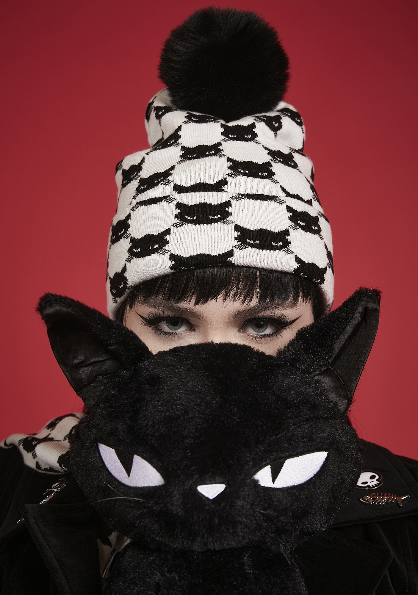 Dolls Kill X Emily The Strange Cat Checkered Print Beanie Black/White Dolls Kill