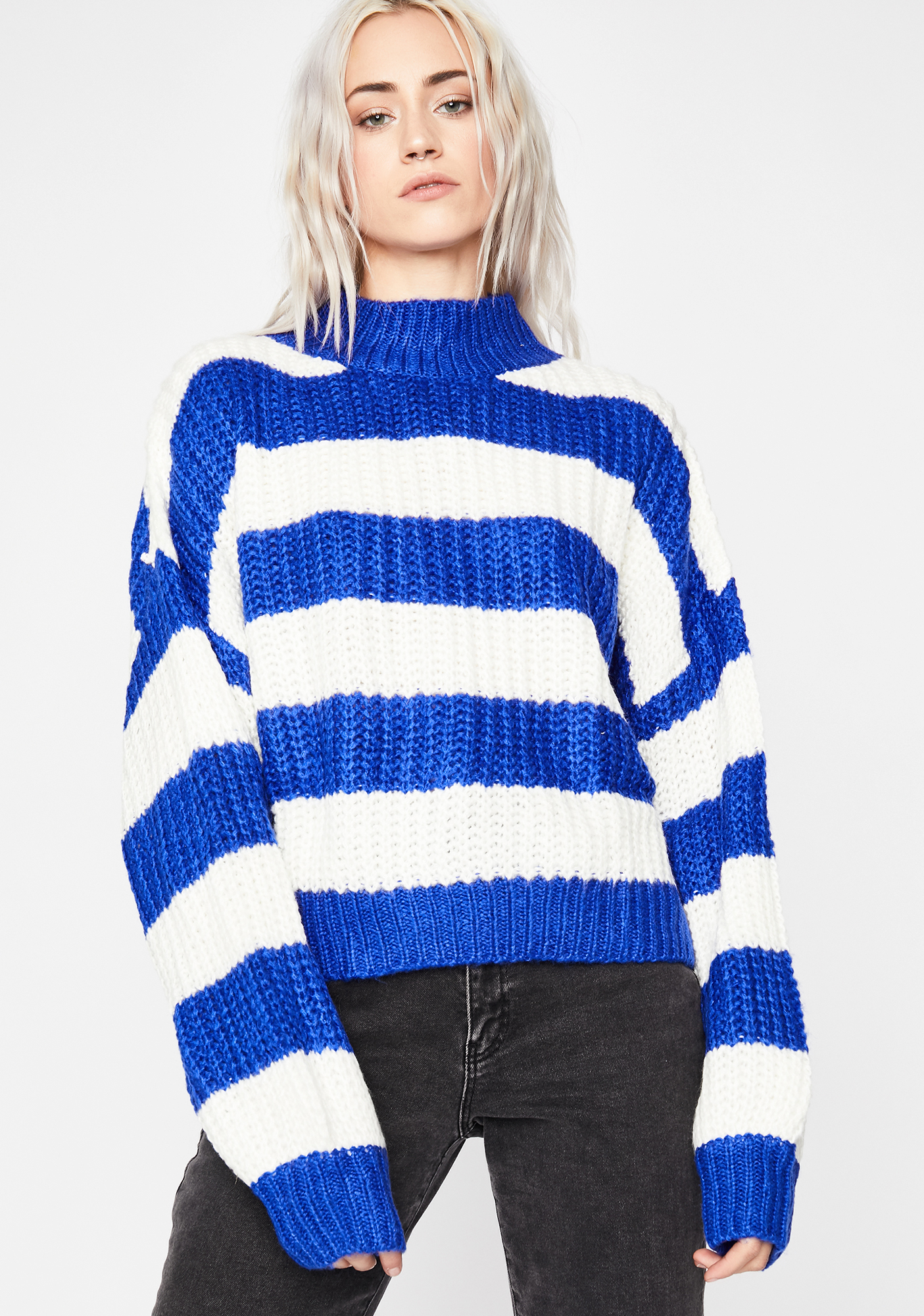 Blue And White Striped Chunky Knit Turtleneck Sweater Dolls Kill