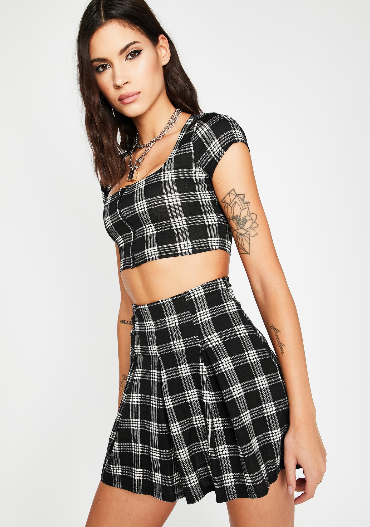 Plaid Short Sleeve Button Crop Top Flared Mini Skirt Set | Dolls Kill