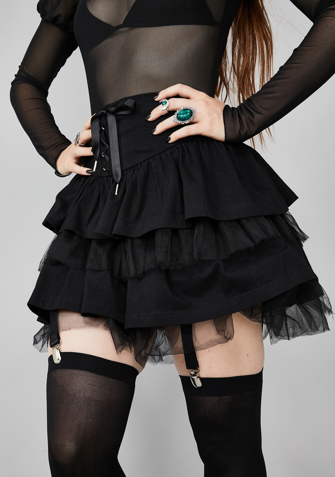 Widow Black Lace Trim Tiered Mini Skirt | Dolls Kill