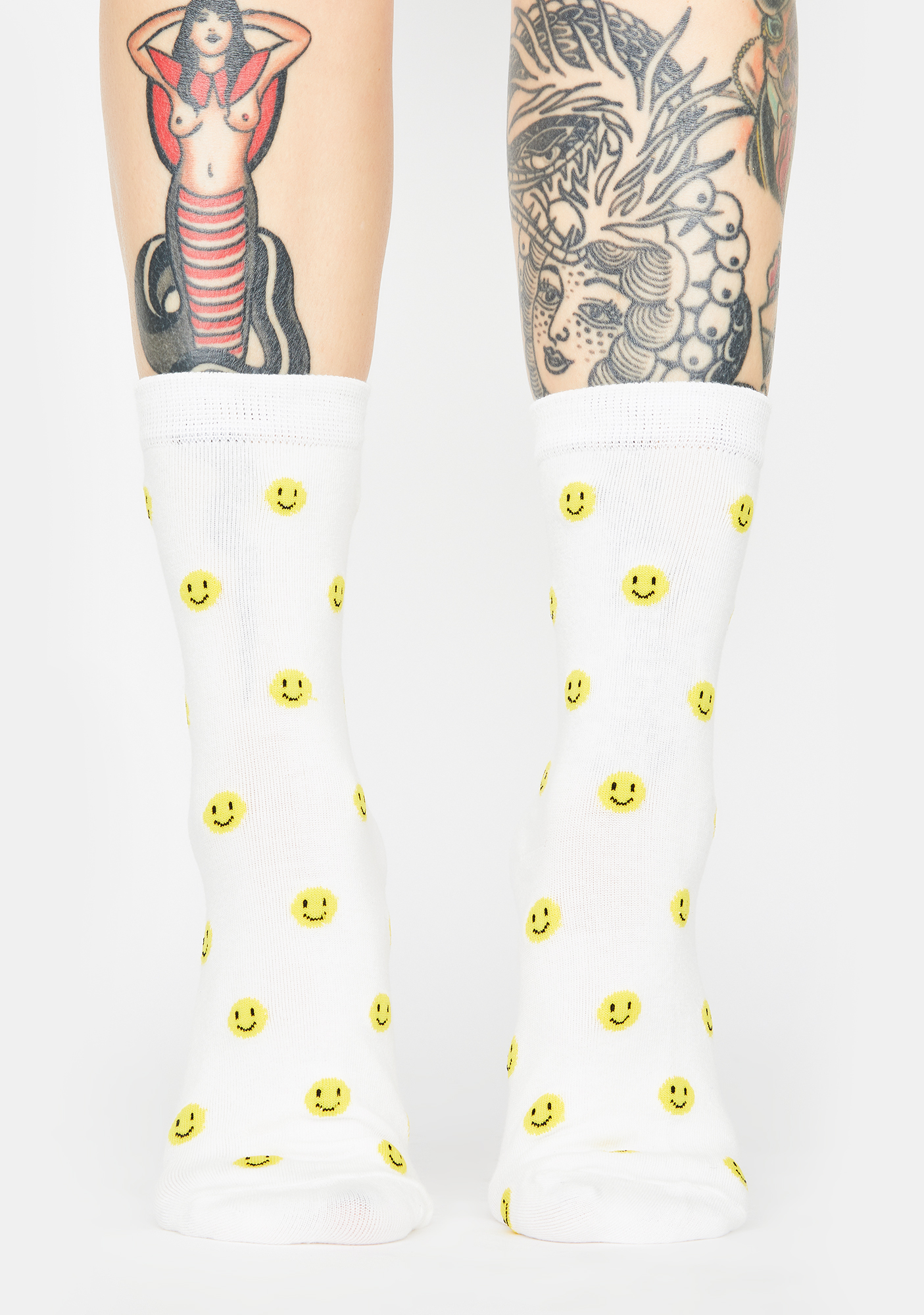 Smiley Face Print Crew Socks White Yellow Dolls Kill