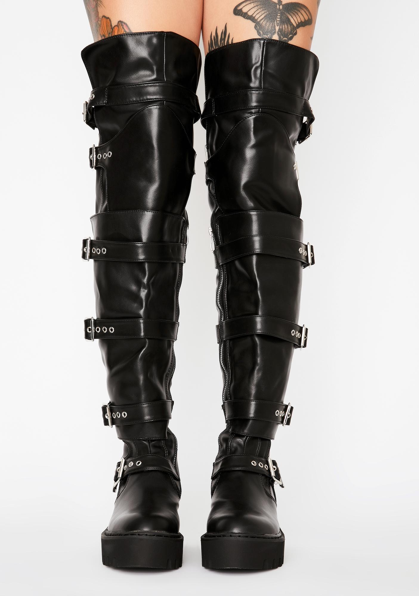 Black Thigh High PU Vegan Leather Buckle Boots | Dolls Kill