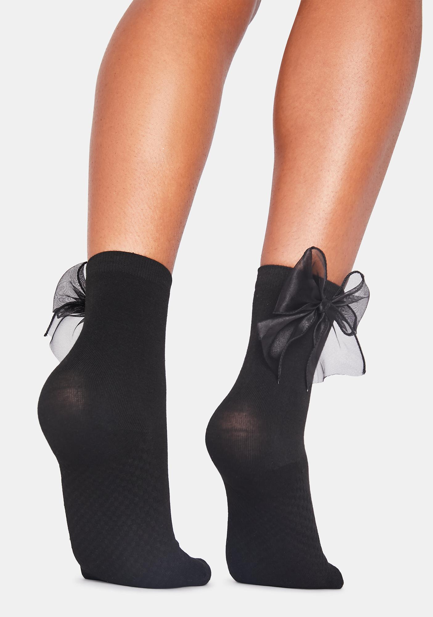 Sheer Mesh Bow Ankle Socks - Black | Dolls Kill