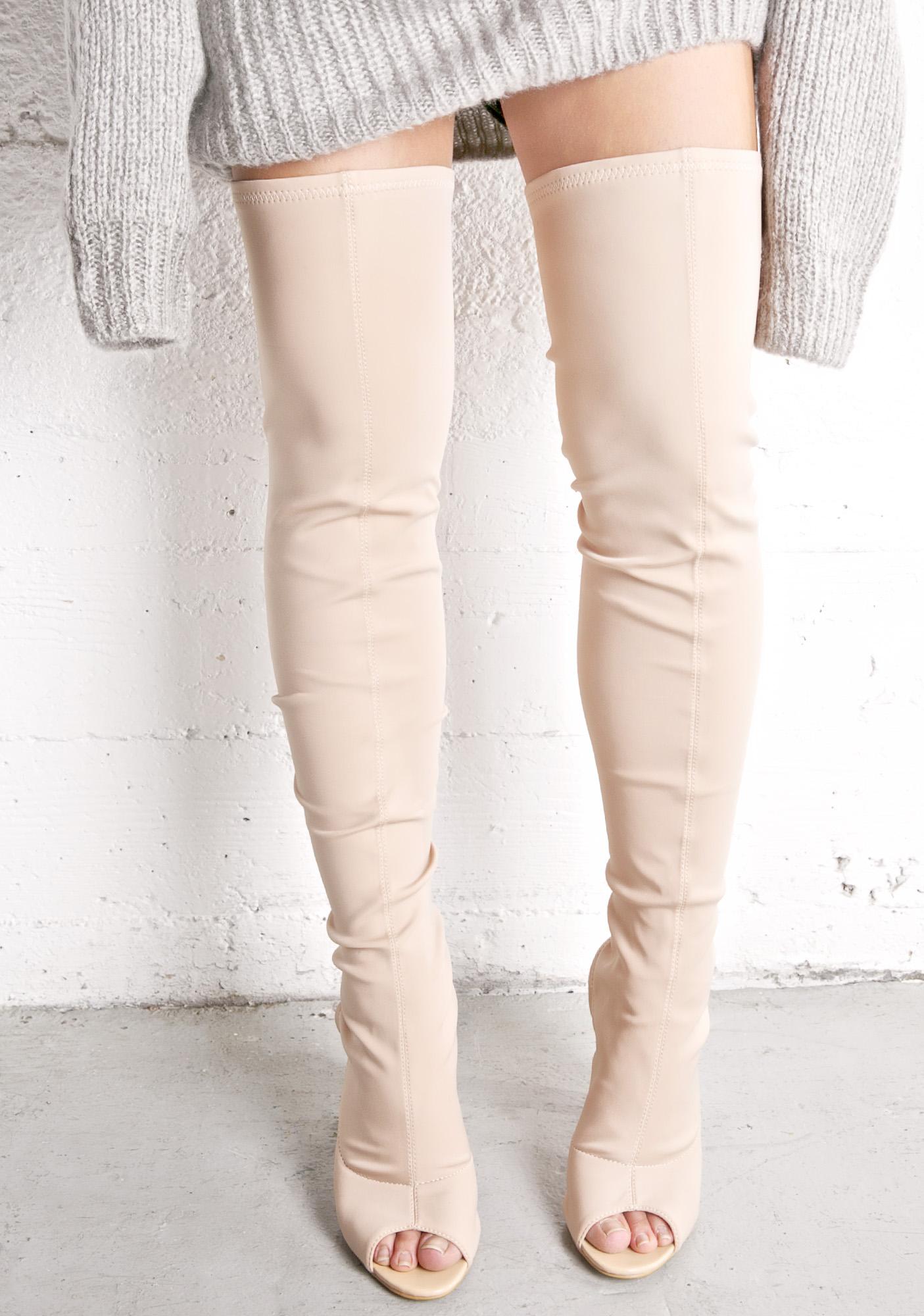 Nude Thigh High Open Toe Boots | Dolls Kill