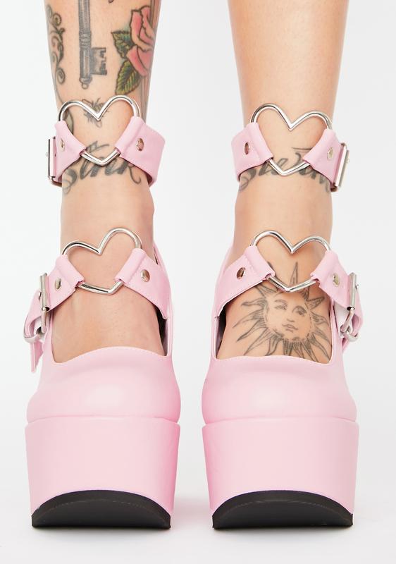Demonia Pink Platform Mary Janes Demonia Heart Buckle Mary Janes