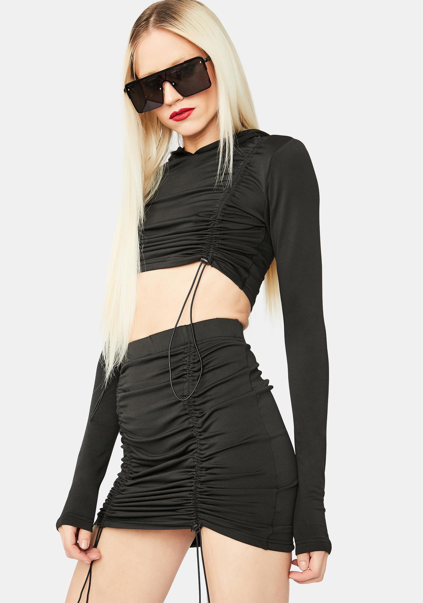 Ruched Crop Hoodie & High Waist Mini Skirt Set - Black | Dolls Kill