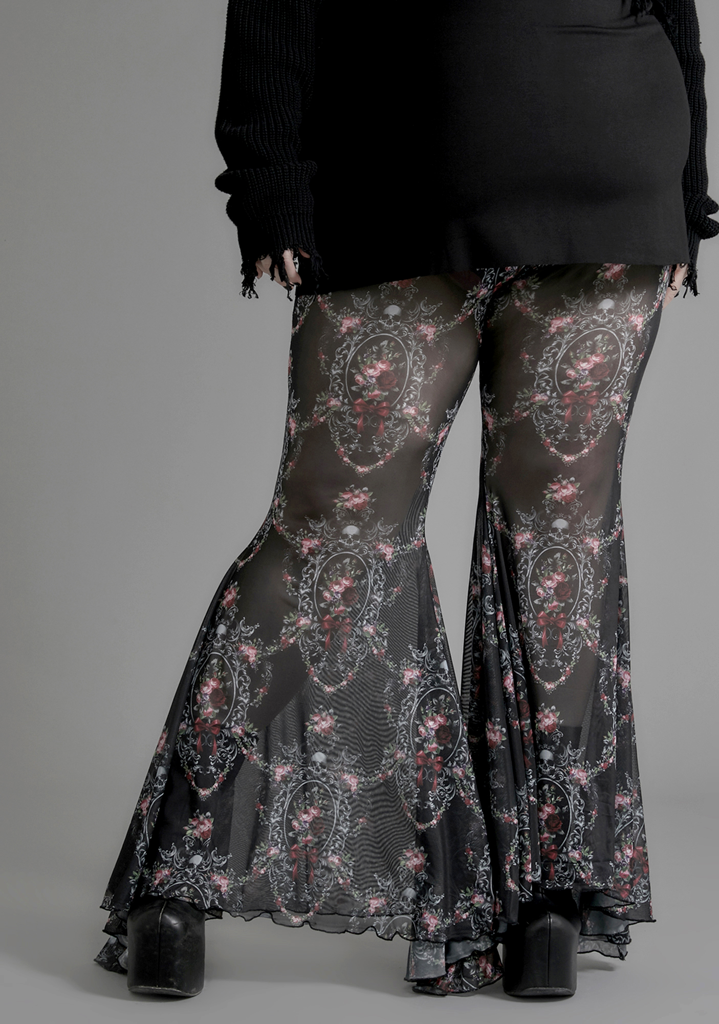 Plus Size Widow Sheer Floral Skulls Mesh Flared Pants Black Dolls Kill