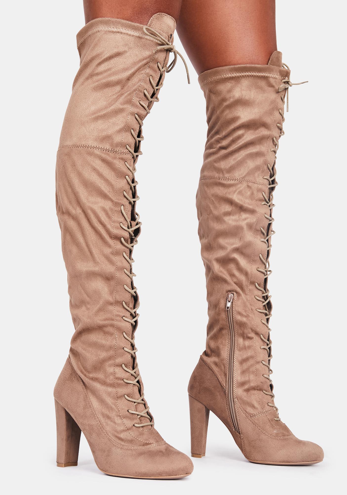 Vegan Suede Lace Up Thigh High Boots 