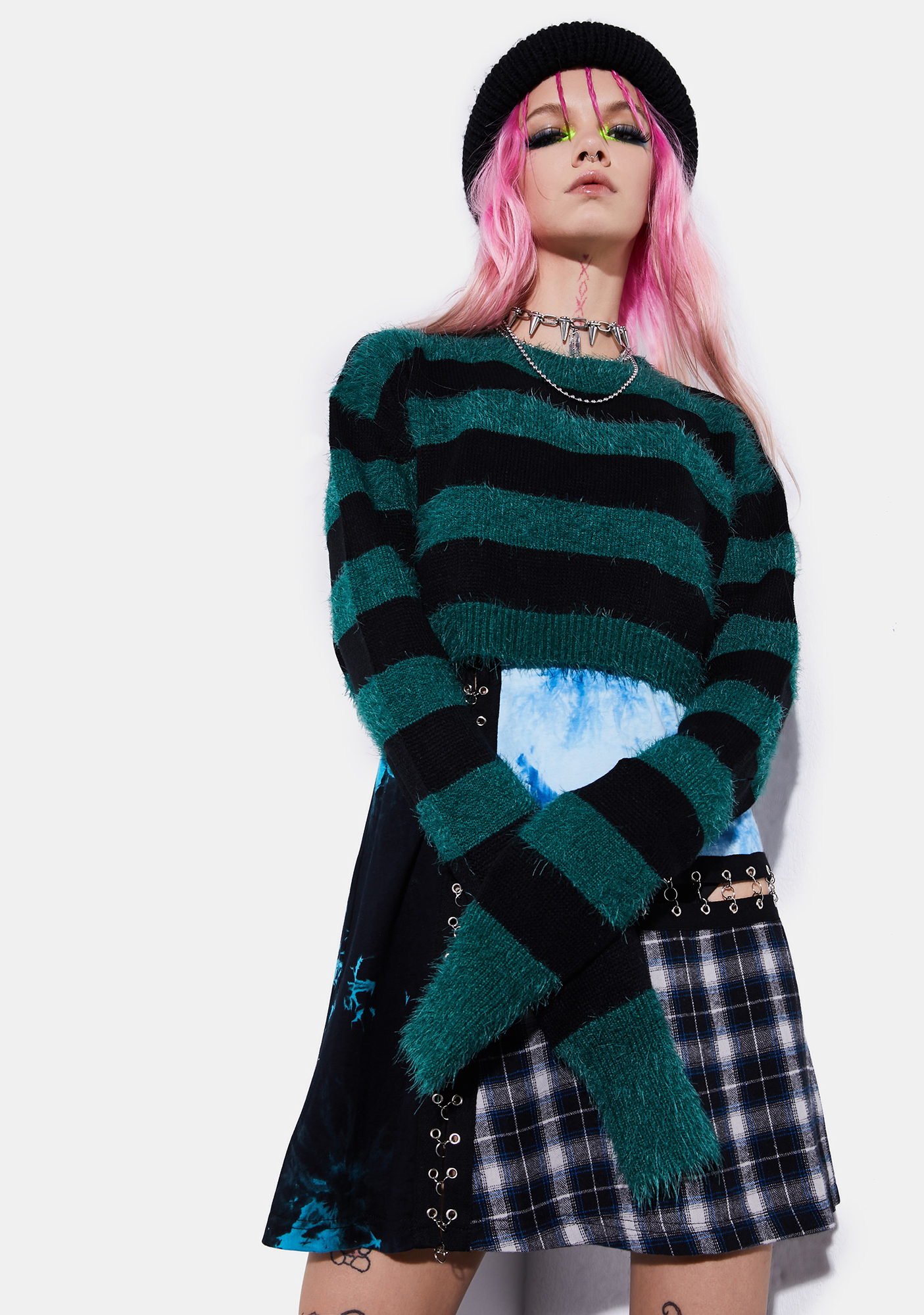 Current Mood Fuzzy Stripe Crop Sweater - Teal Black | Dolls Kill
