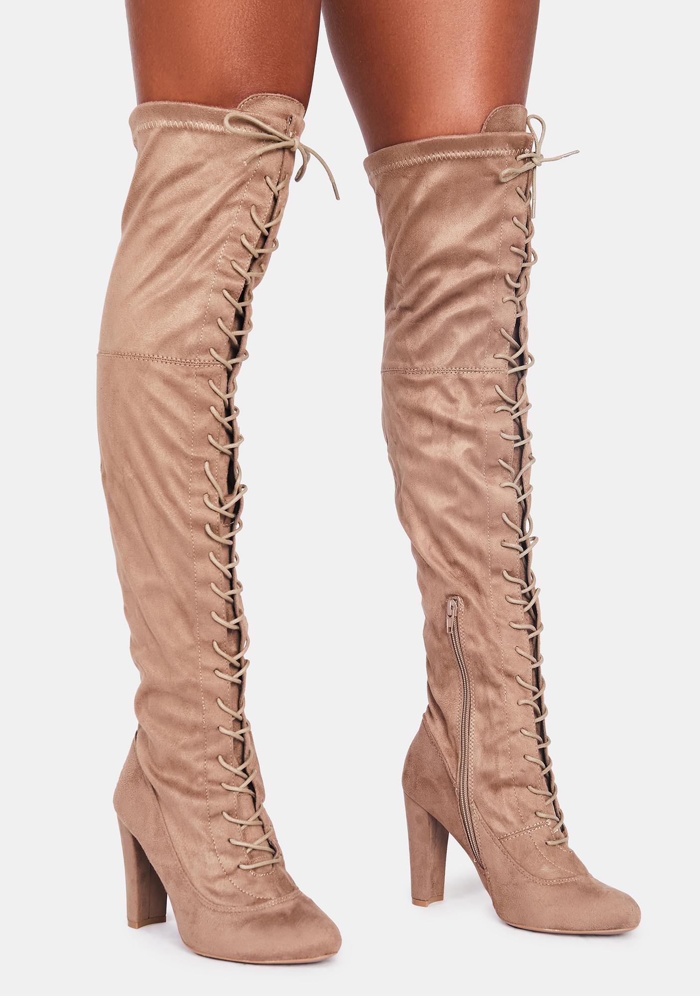 Vegan Suede Lace Up Thigh High Boots - Tan | Dolls Kill
