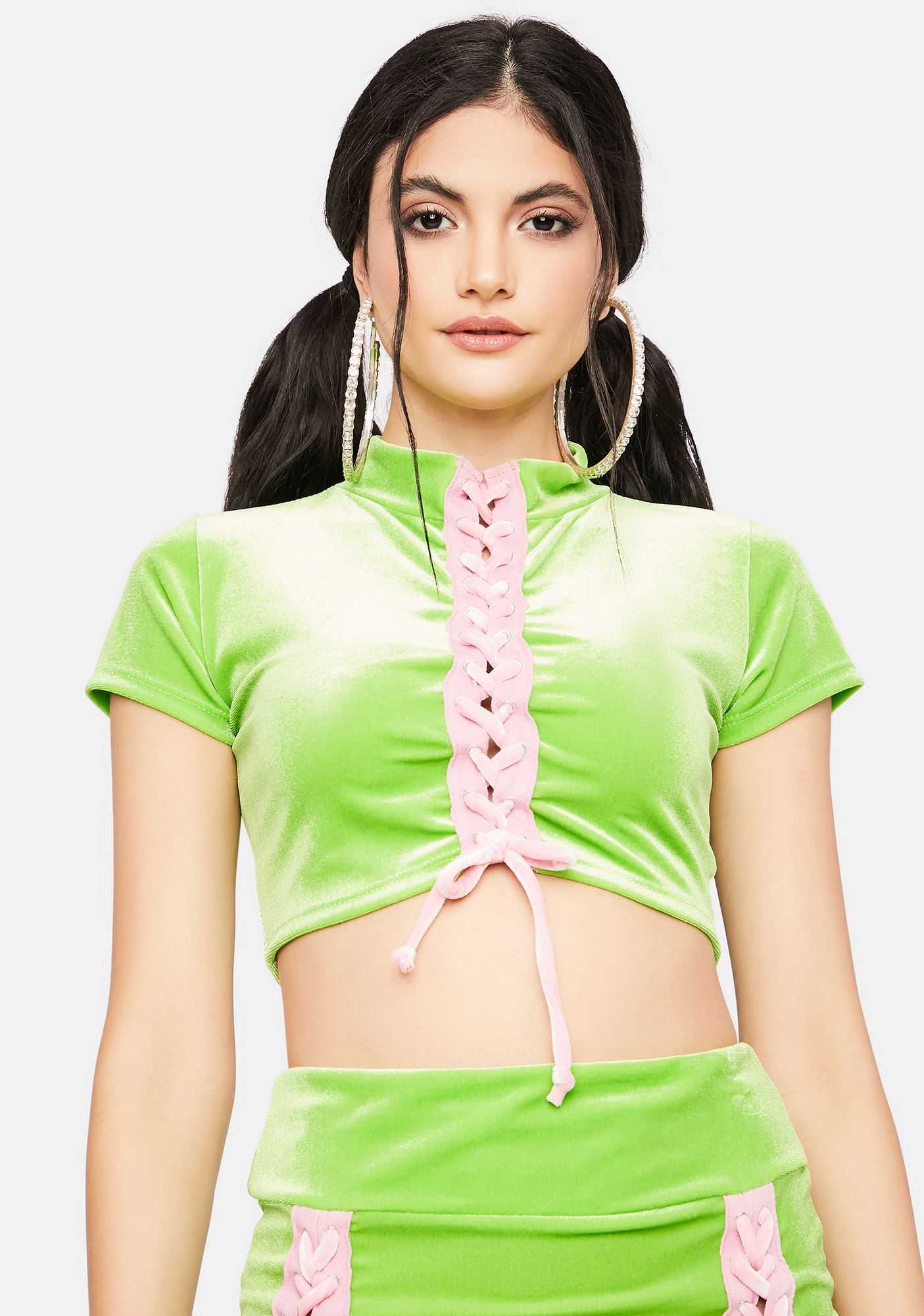 Lace Up Velour Crop Top Greenpink Dolls Kill 