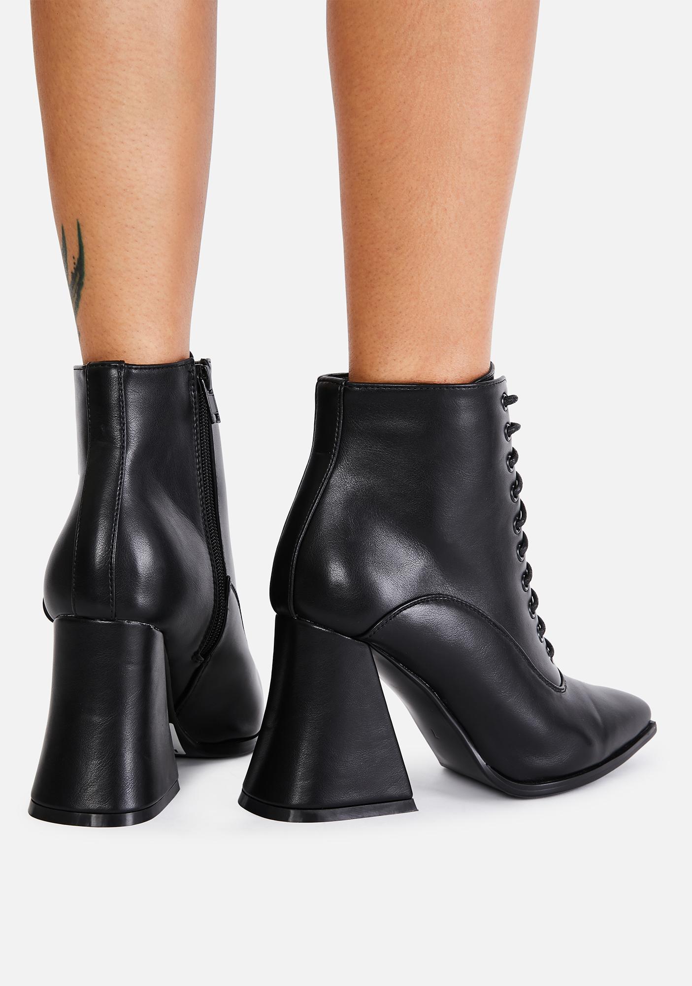 Lamoda Block Heel Lace Up Ankle Boots - Vegan Leather Black | Dolls Kill