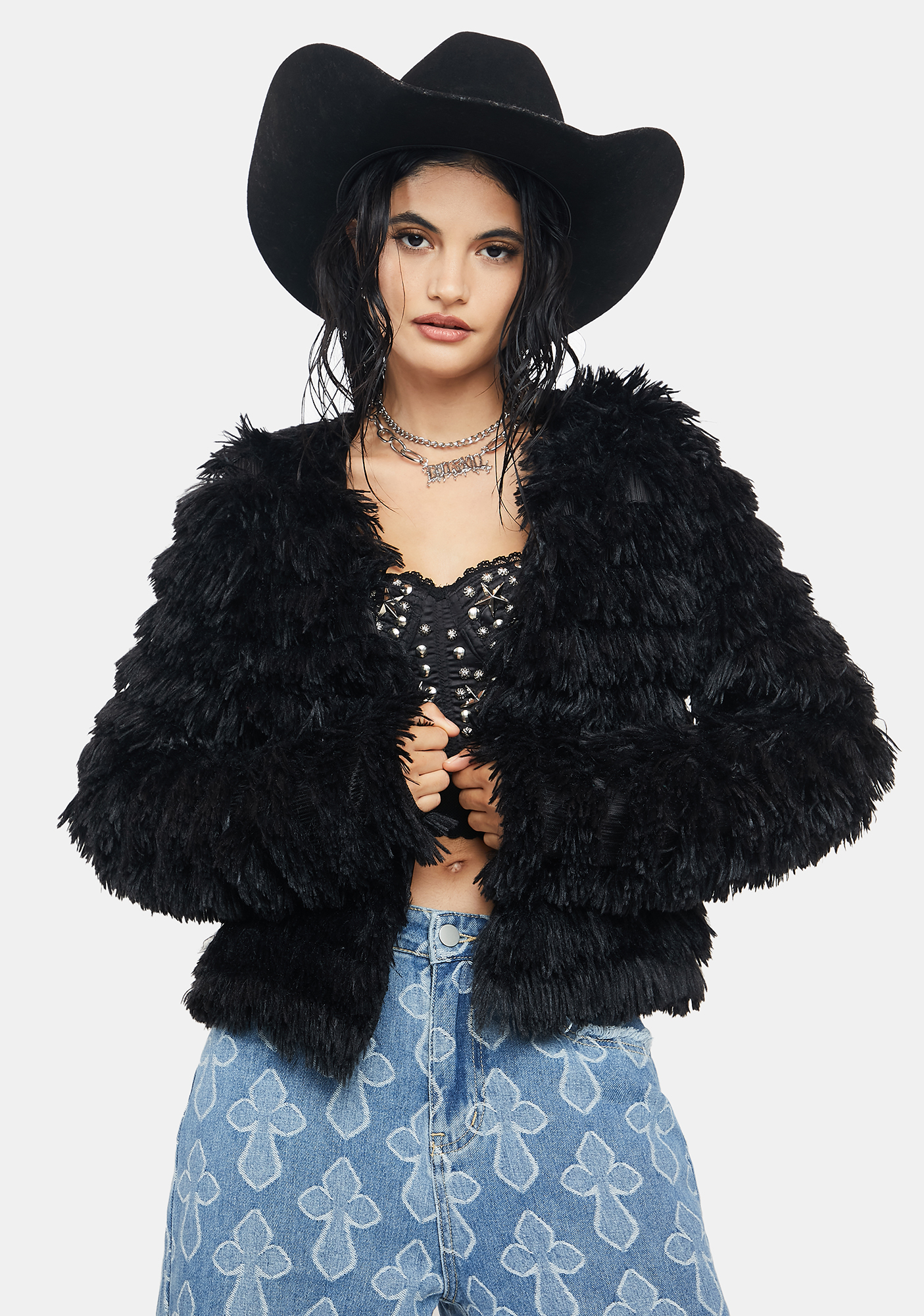 Faux Fur Fringe Long Sleeve Cropped Open Front Jacket Black | Dolls Kill