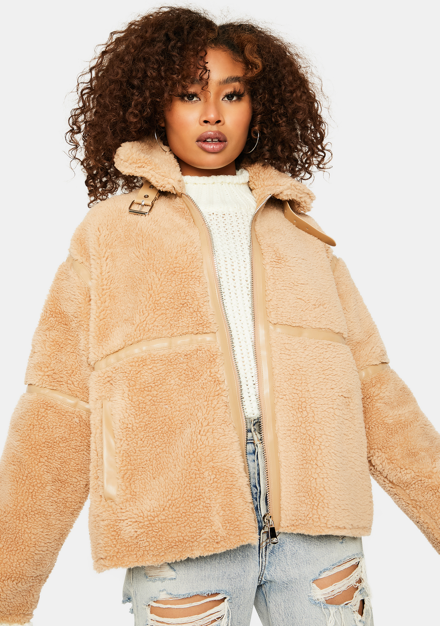 Collar Buckled Zipper Sherpa Coat - Camel | Dolls Kill