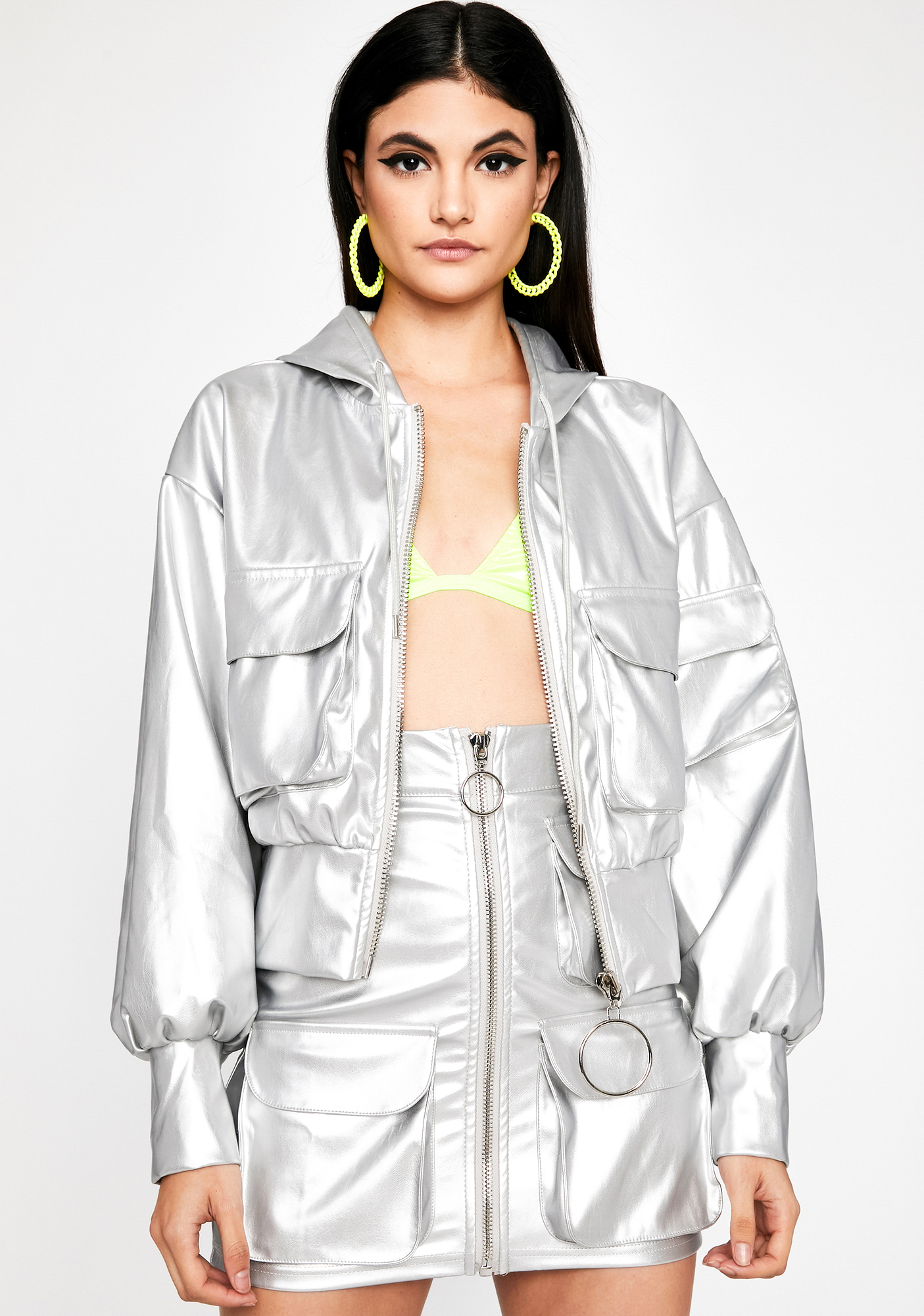 Faux Leather Metallic Hooded Crop Bomber Jacket Cargo Pockets O-Ring ...