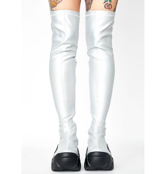 chrome thigh high boots