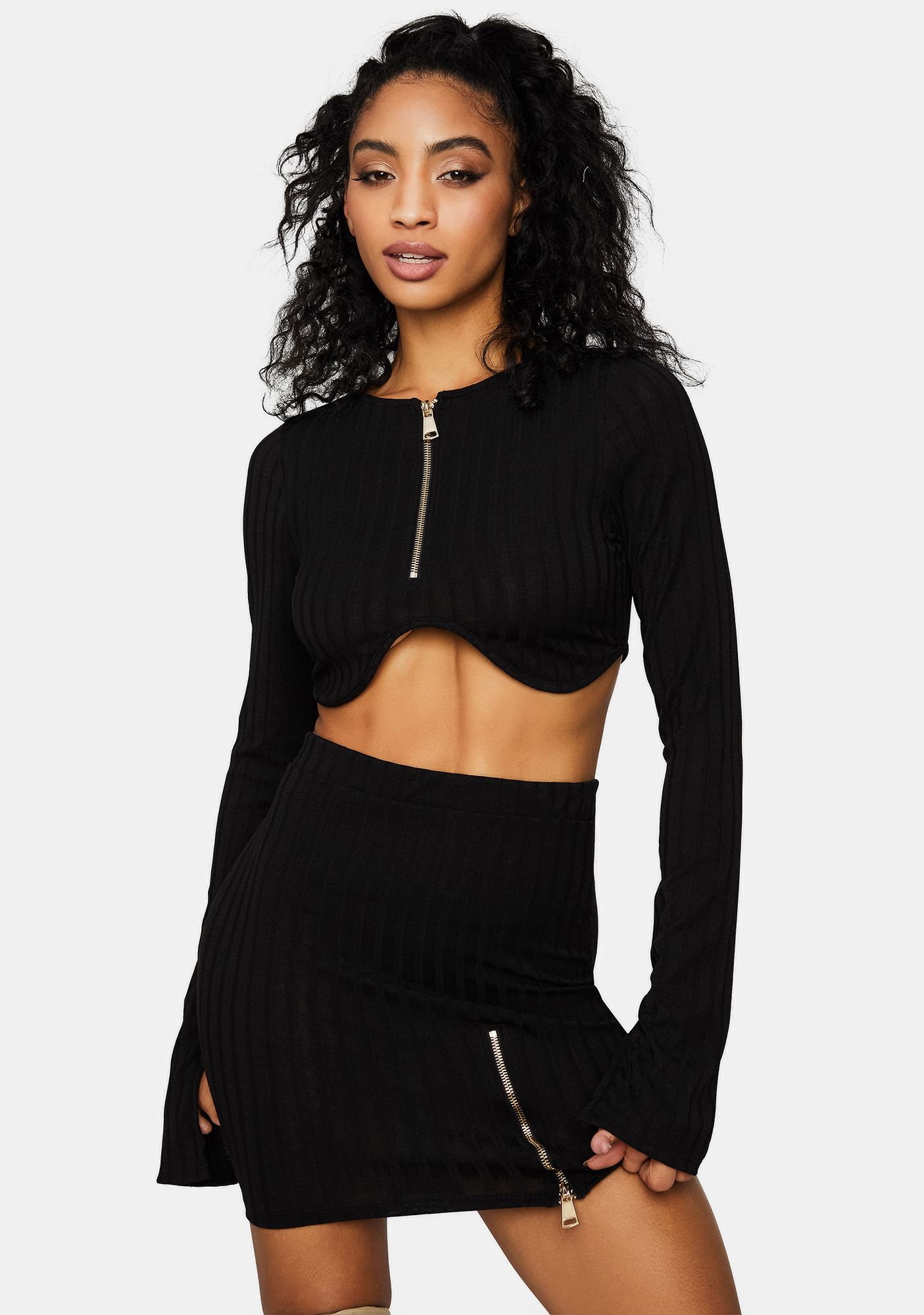 Zip Up Long Sleeve Bra Crop Top And Mini Skirt Set Black Dolls Kill