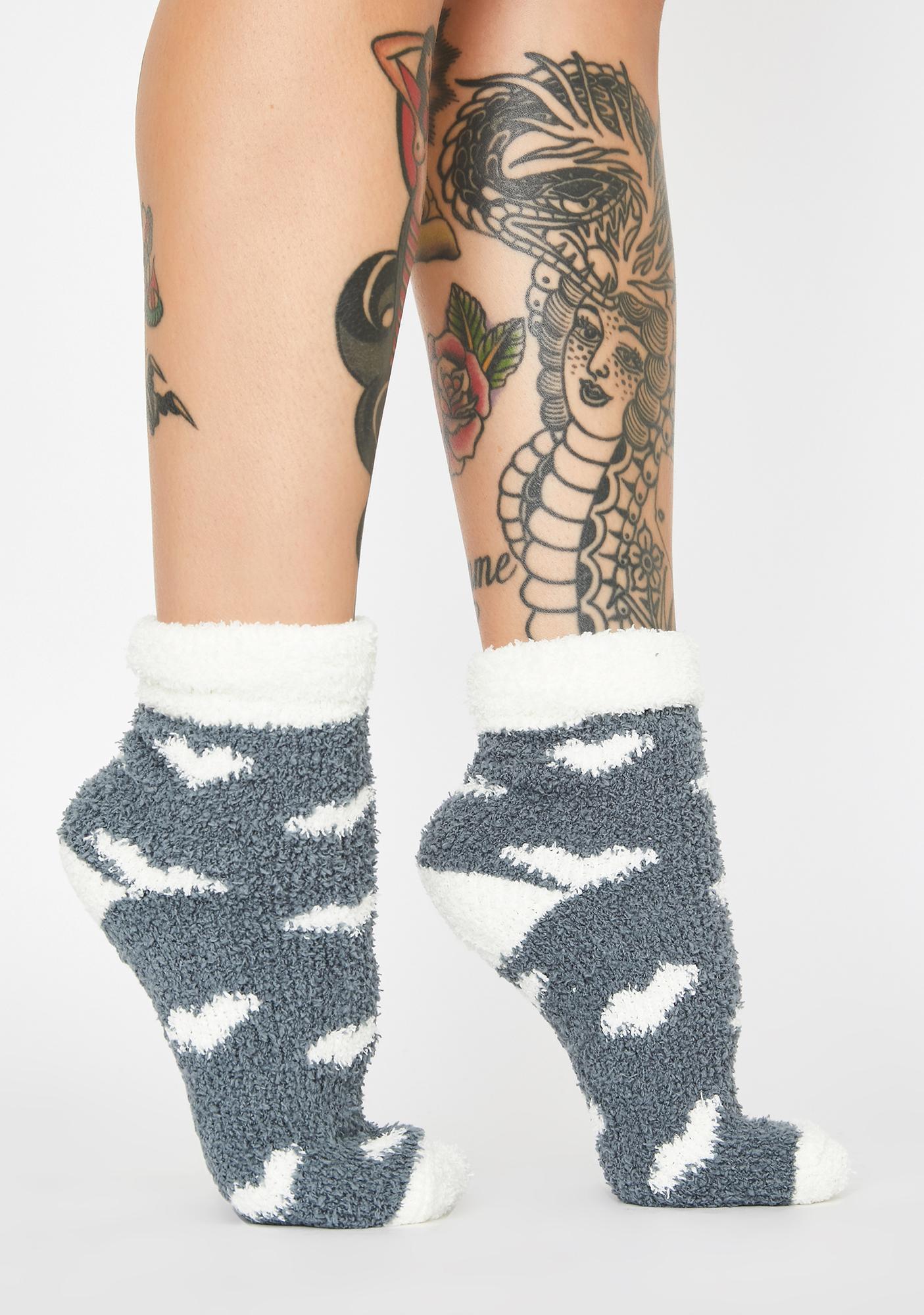 Black Grey Cloud Print Warm Fuzzy Furry Ankle Socks Dolls Kill