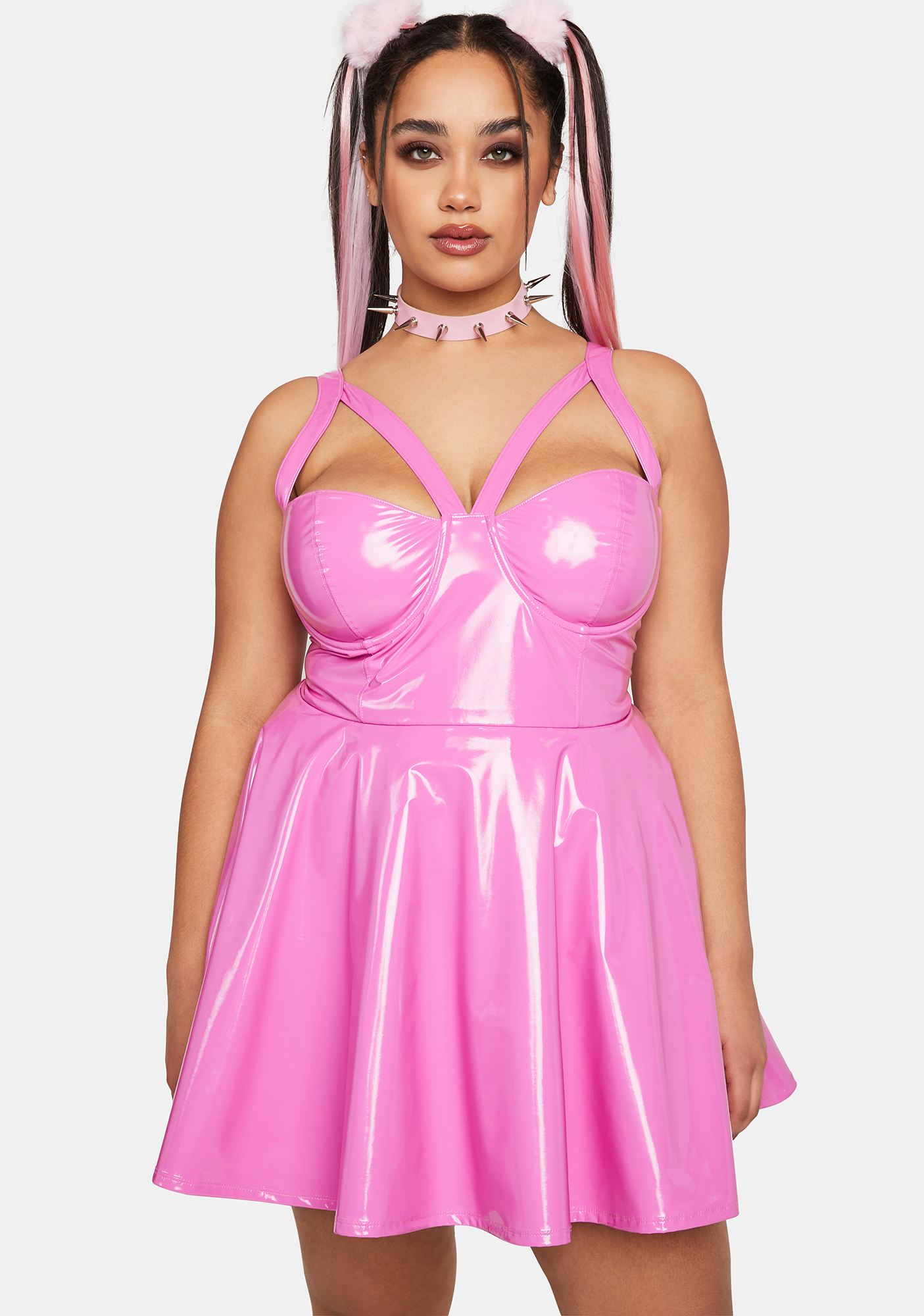 Plus Size Horoscopez Flared Vinyl Mini Dress Pink Dolls Kill
