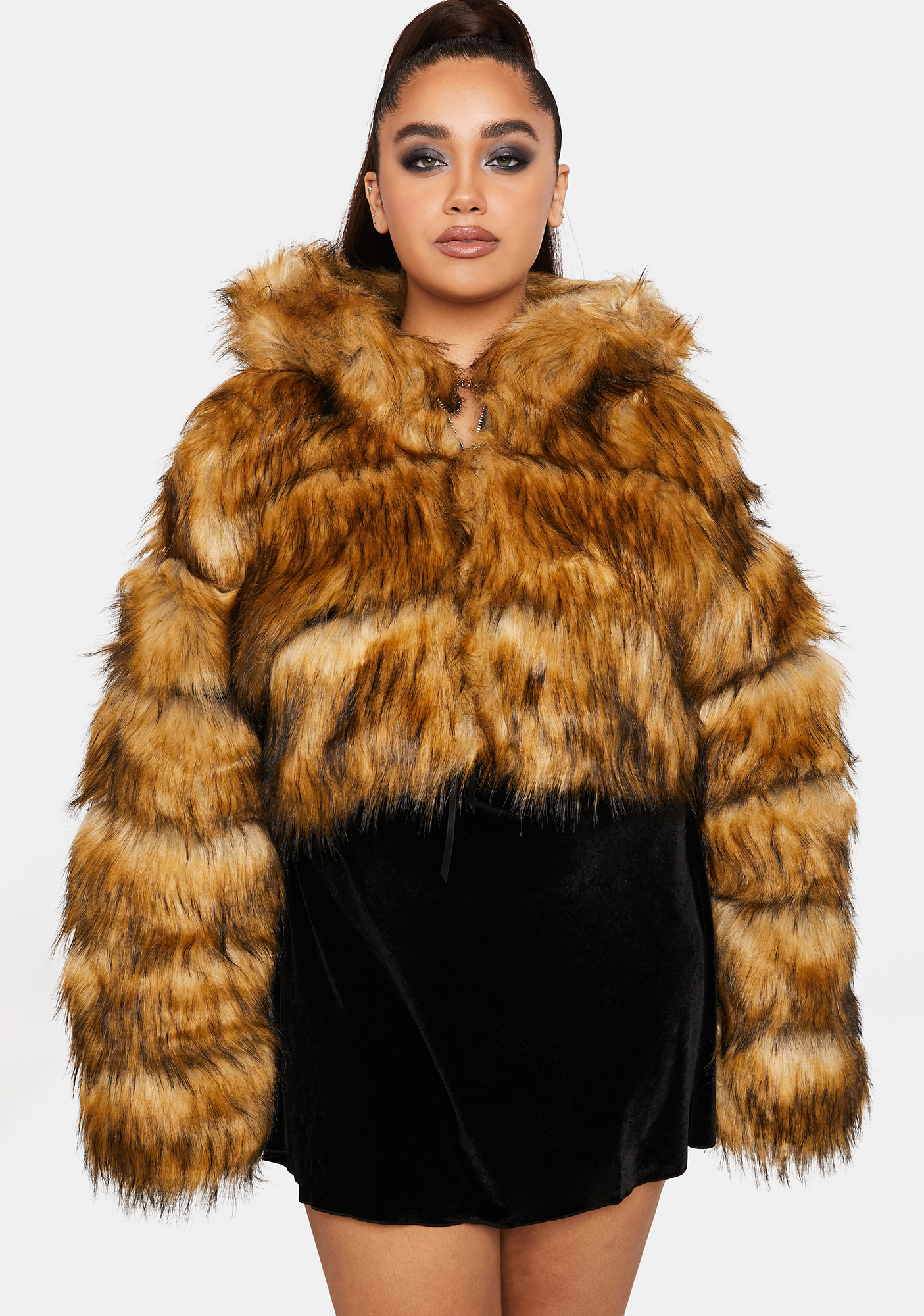 Plus Size Azalea Wang Faux Fur Cropped Hoodie Coat - Brown | Dolls Kill