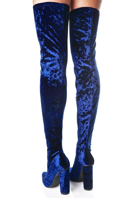 blue velvet thigh high boots outfit