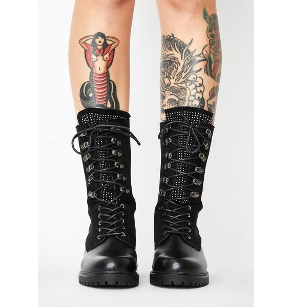 Black Vegan PU Faux Leather Suede Rhinestone Lace Up Combat Boots ...