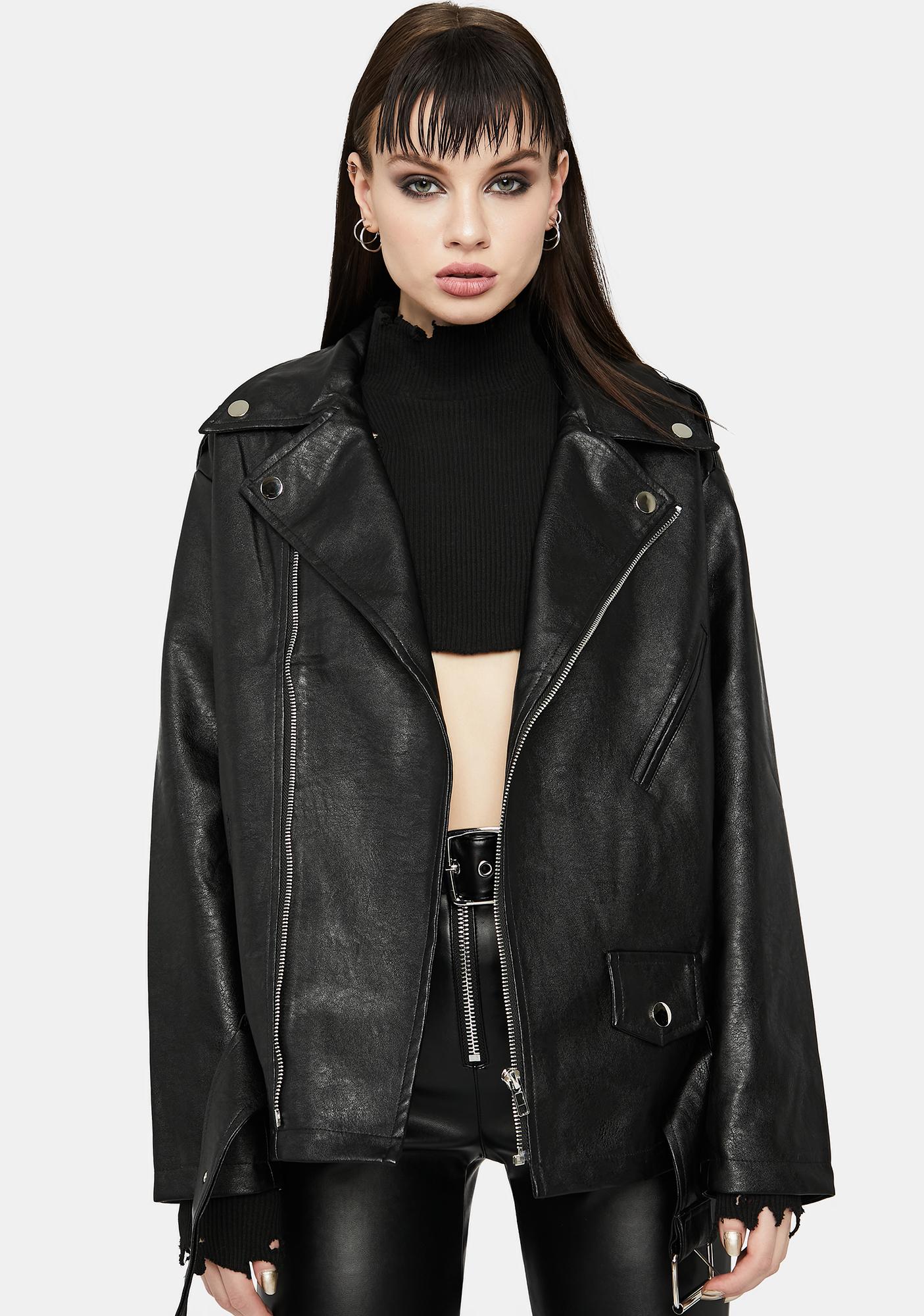 Oversized Vegan Leather Moto Jacket - Black | Dolls Kill