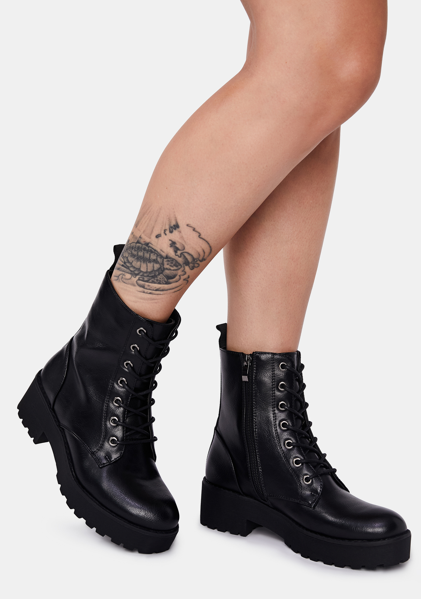 Side Zip Platform Combat Boots - Black 