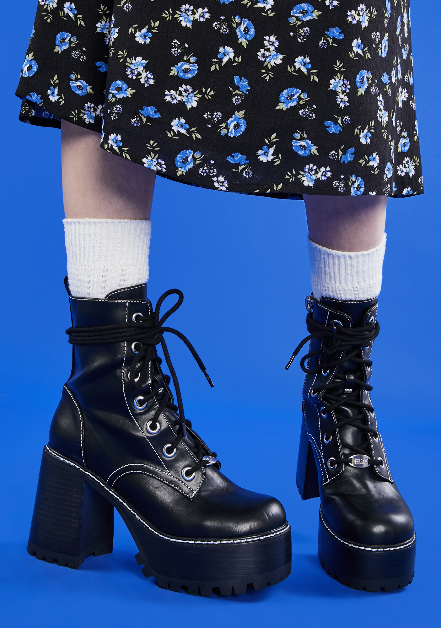 Delia's Chunky Platform Lace Up Heeled Boots Faux Leather Black | Dolls ...