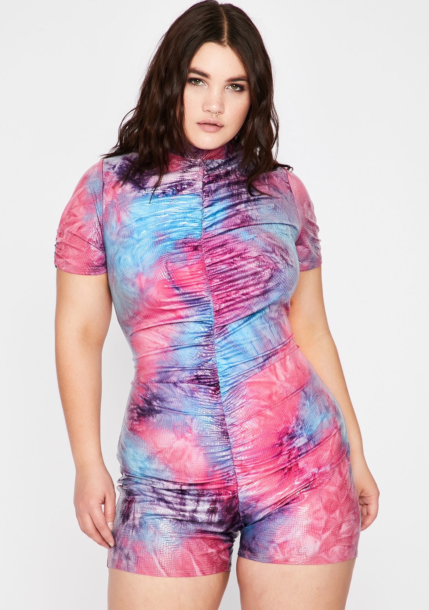 Plus Size Stretchy Ruched Tie Dye Romper Purple | Dolls Kill