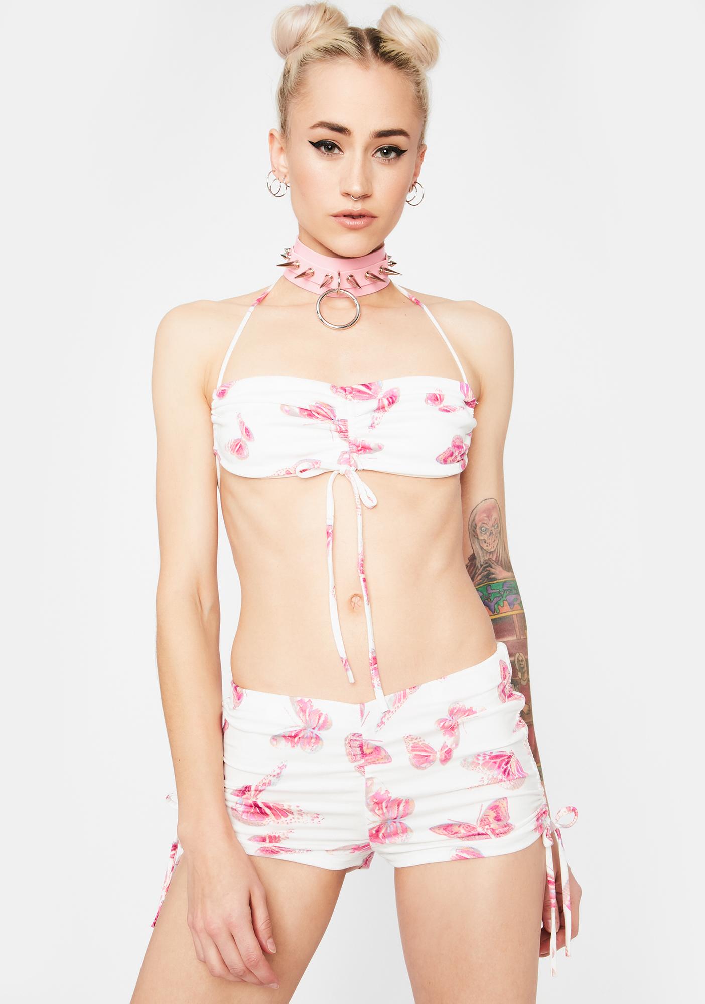Festival Butterfly Ruched Shorts Set White Pink Dolls Kill