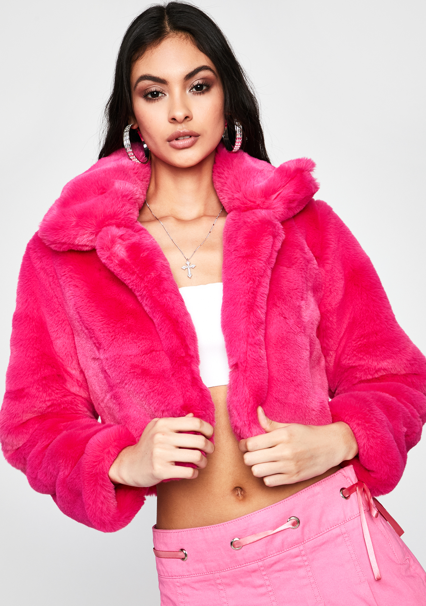 Neon Hot Pink Cropped Faux Fur Jacket | Dolls Kill