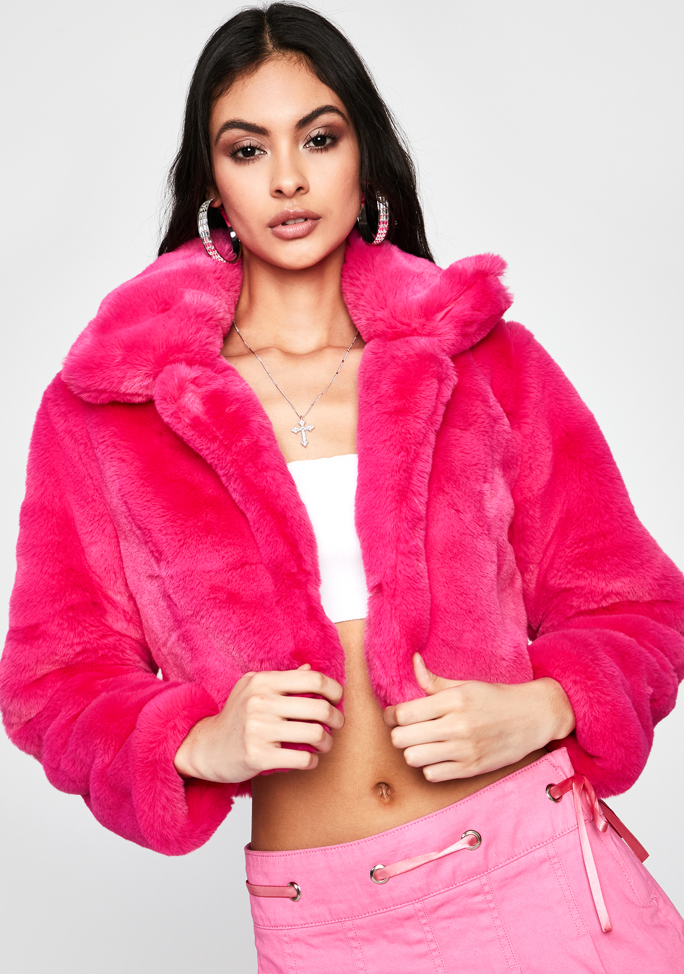Neon Hot Pink Cropped Faux Fur Jacket Dolls Kill