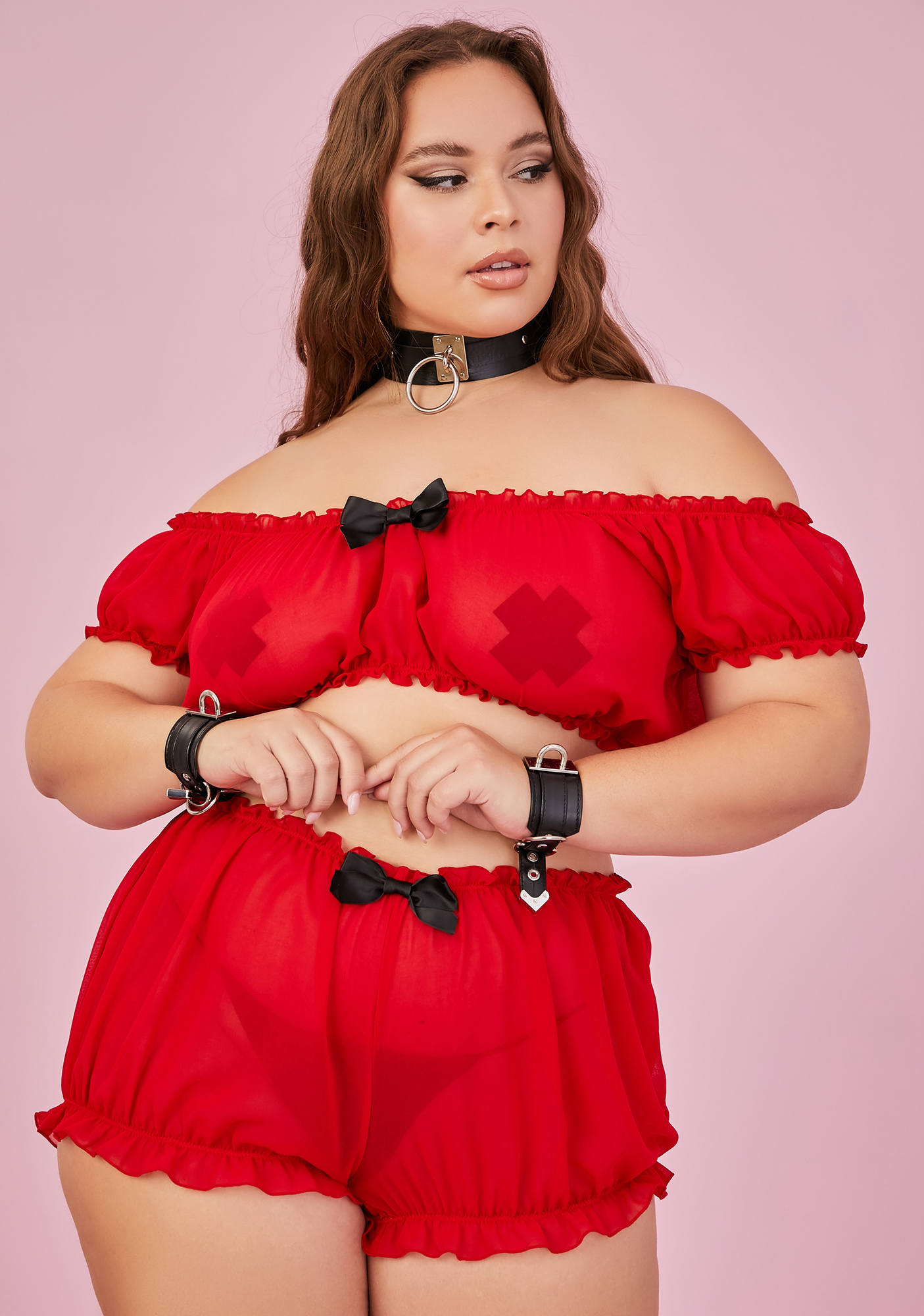 Plus Size Sugar Thrillz Sheer Chiffon Bow Crop Top Red Dolls Kill