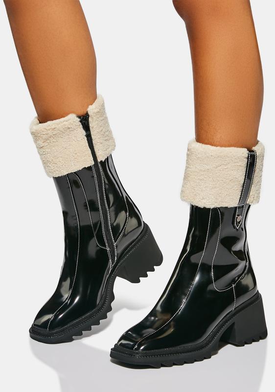 AZALEA WANG Patent Vegan Leather Sherpa Cuff Ankle Boots | Dolls Kill