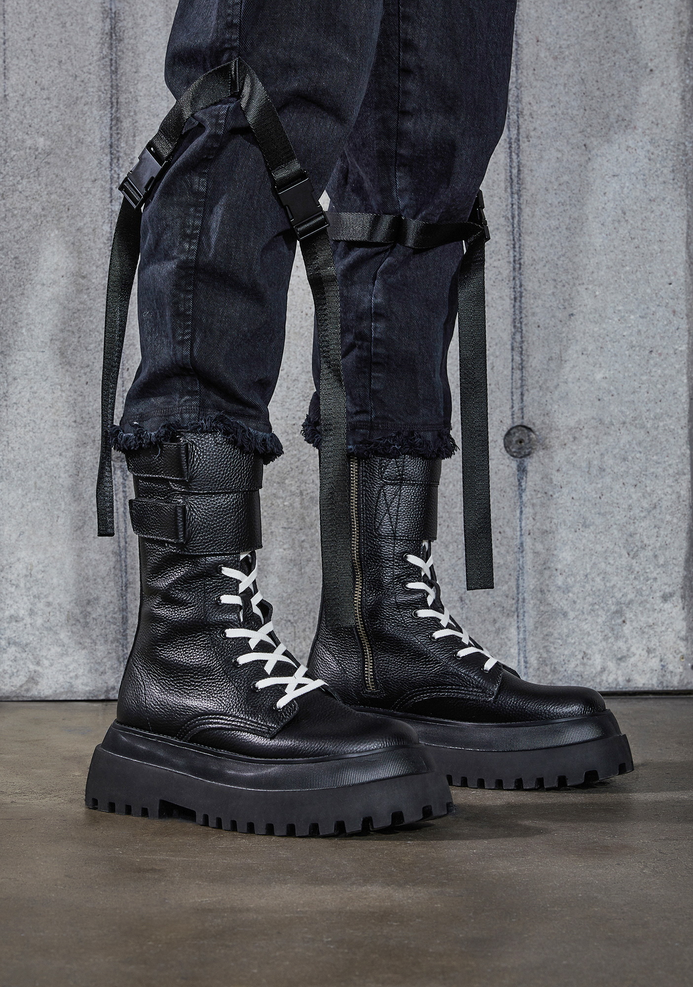 volatile black strap combat boots
