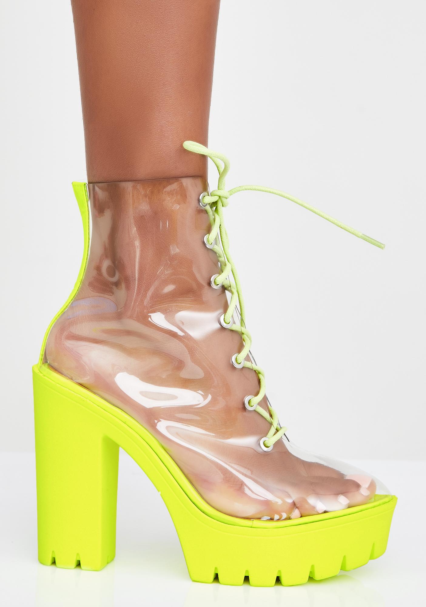 Clear Lace Up Platform Heeled Booties Yellow | Dolls Kill