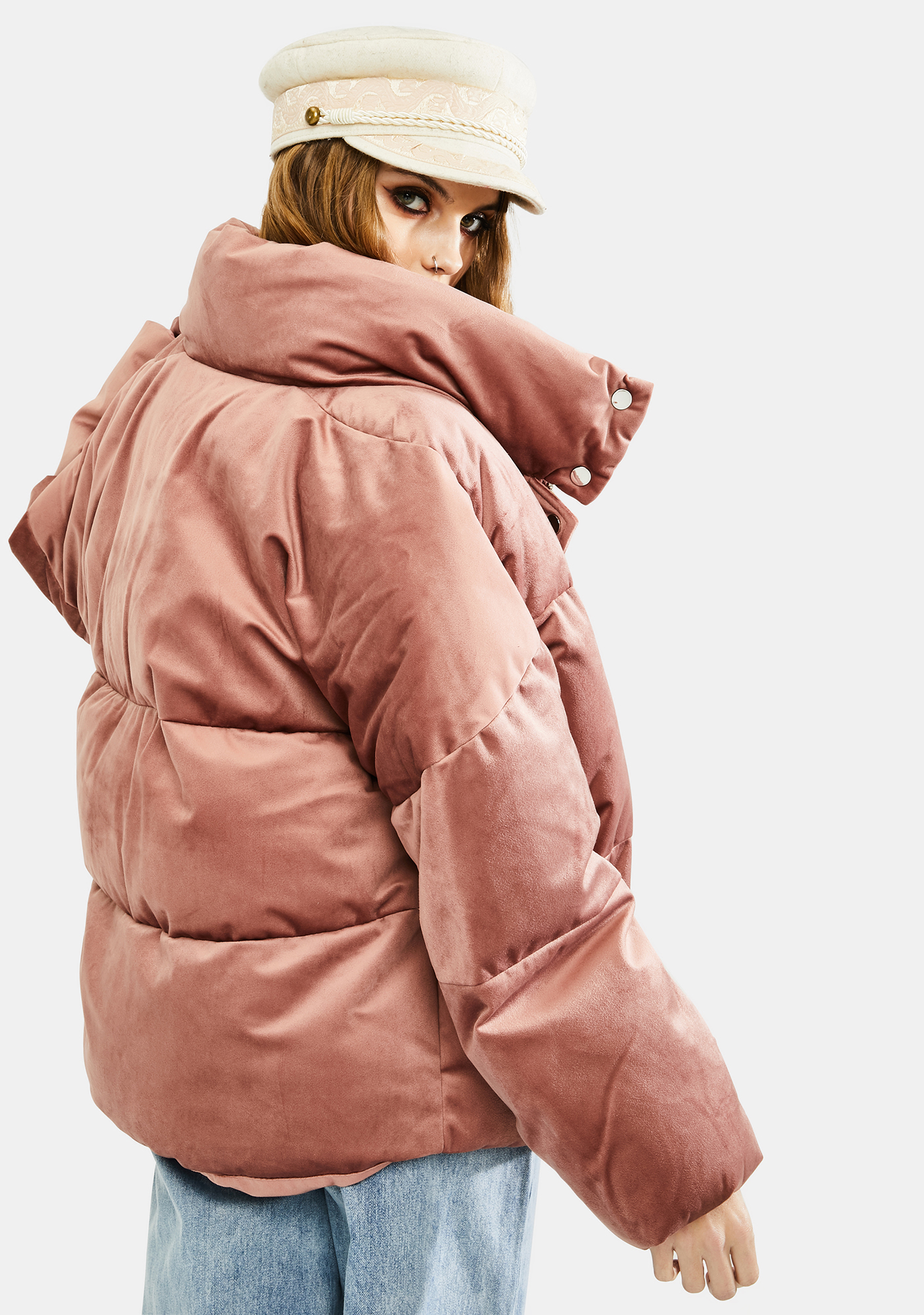 pink velvet puffer jacket