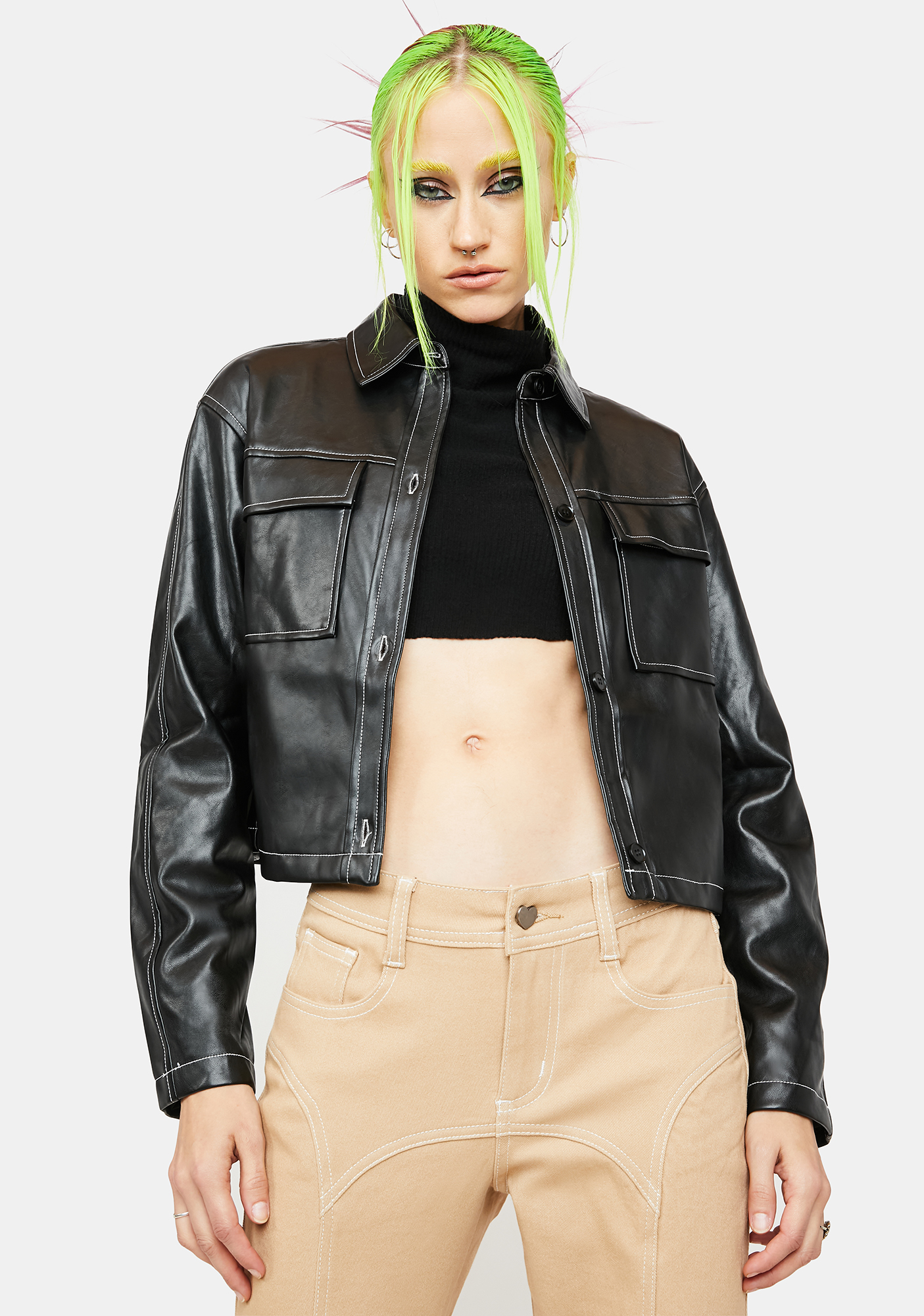 4th & Reckless Faux Leather Contrast Stitch Jacket - Black | Dolls Kill