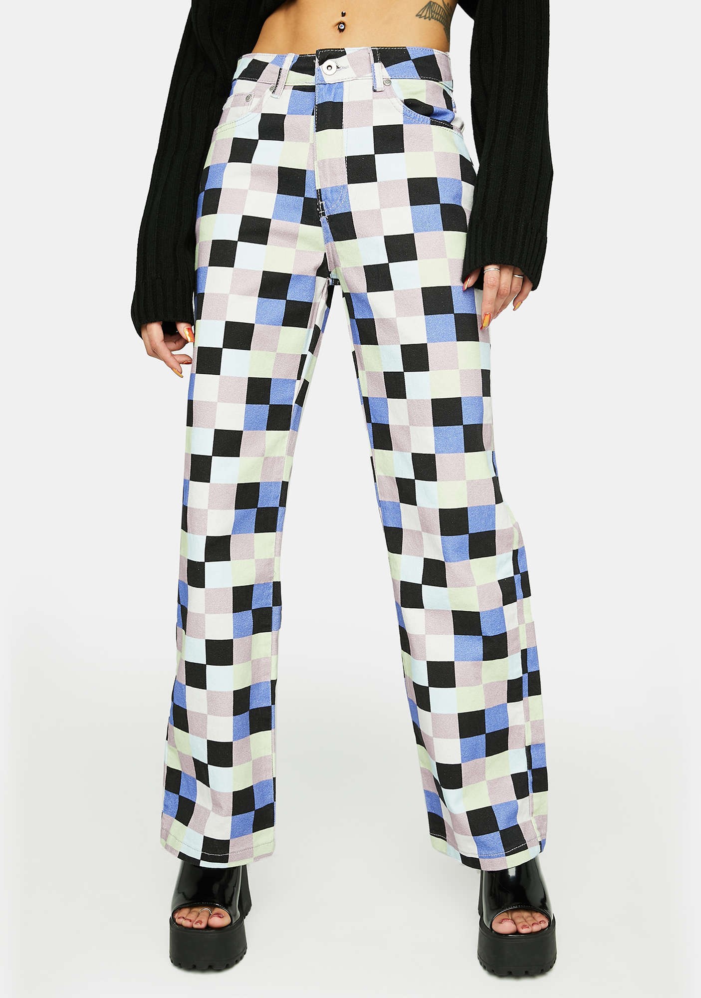 The Ragged Priest Checkered Pixel Print Denim Jeans - Multi | Dolls 